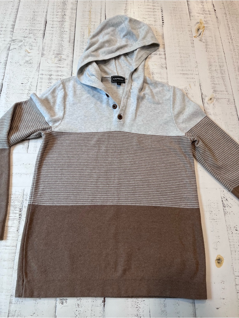 Express Hooded Henley Pullover in Light Gray and Brown